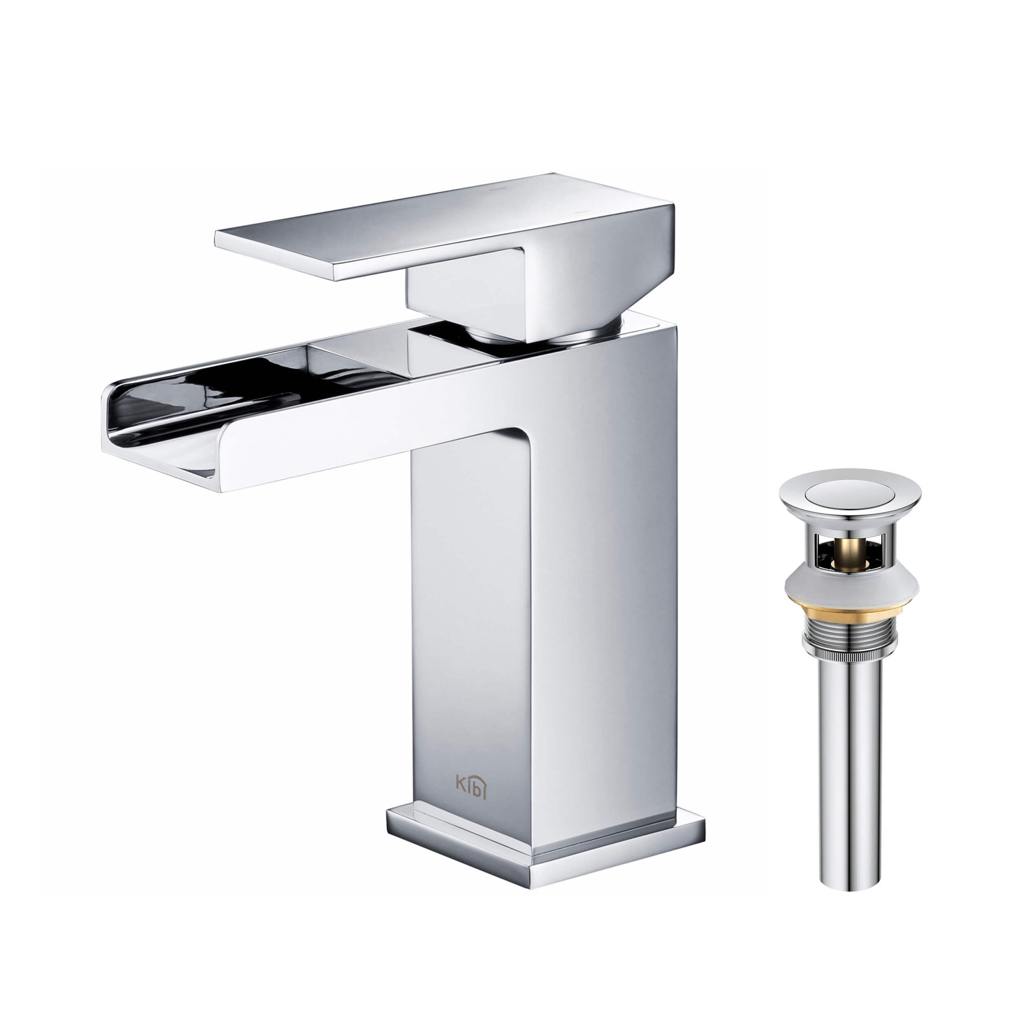 Waterfall Single Hole Bathroom Faucet, With Drain Assembly, Chrome