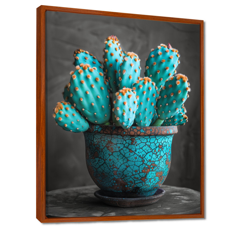 Turquoise gris, photo monochrome de cactus dans un vase - art mural de cactus floral, salon, Toile avec cadre flottant brun