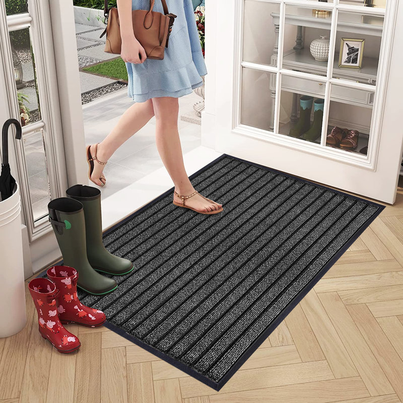 Kiyarah Non-Slip Striped Indoor / Outdoor Doormat, Grey, Rectanguar 80 x 150cm 