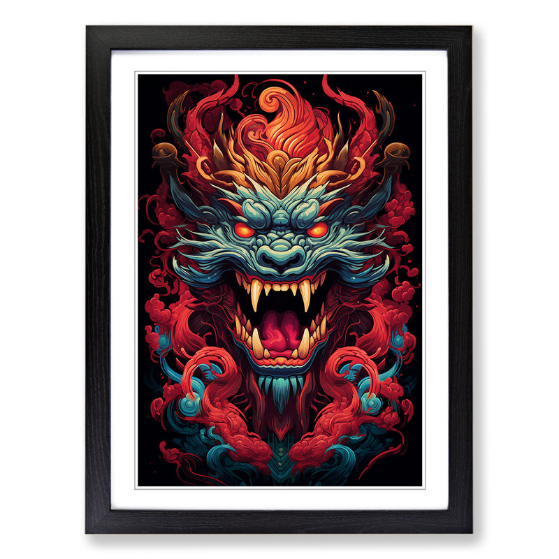 Chinese Dragon Geometric No.2 - Single Picture Frame Print on Wood, Black , 46cm H x 34cm W x 2cm D