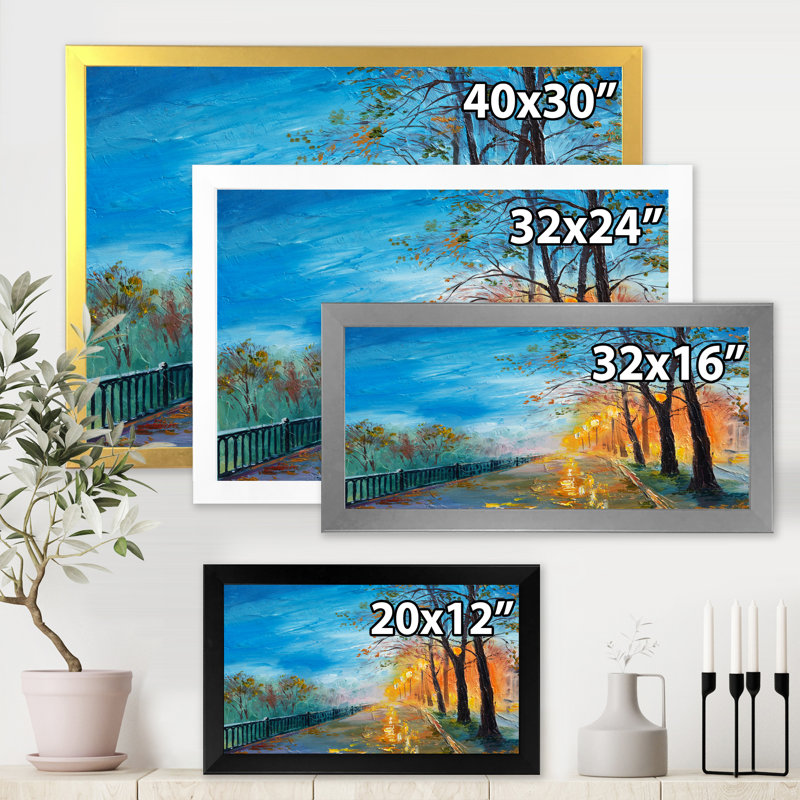 «Evening on Autumn Road», peinture sur toile, H 16 po x l 32 po x p 1 po, Cadre blanc