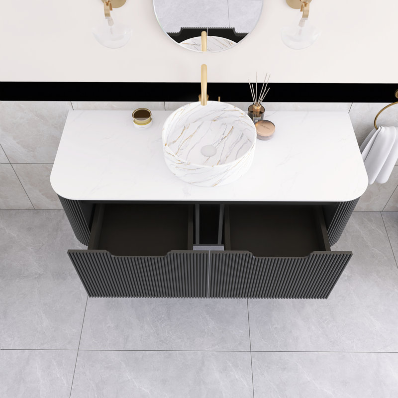 48 po Meuble-lavabo mural simple flottant noir avec dessus en marbre artificiel, Noir