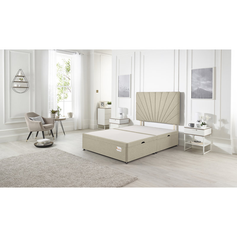 Etheral Side Opening Ottoman Storage Bed with Upholstered Headboard Tweed Fabric, Small Double (4'), Natural