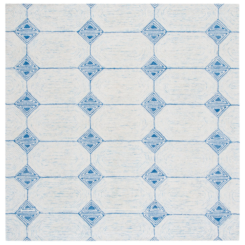 Kolb Hand Tufted Wool/Cotton Geometric Rug in Ivory/Blue, Square 6'