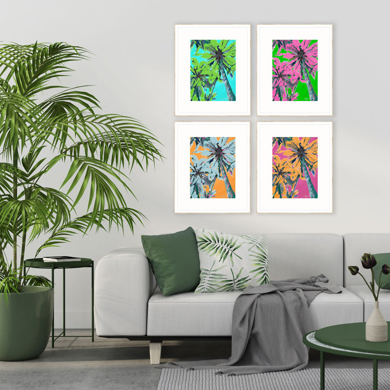 Vibrant Palm Trees Set of 4 Framed Canvas Art in Ribbed White Wood