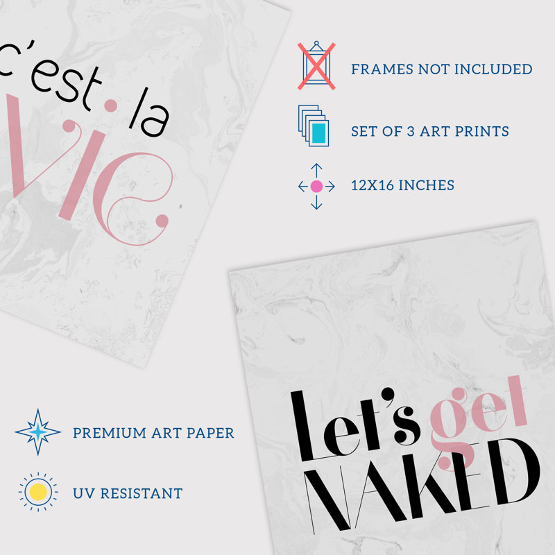 Stylish Bedroom Hello Gorgeous Cheeky Black Pink Marble - 3 Piece No Frame Print Set, 40.5cm H x 30.5cm W x 0.3cm D