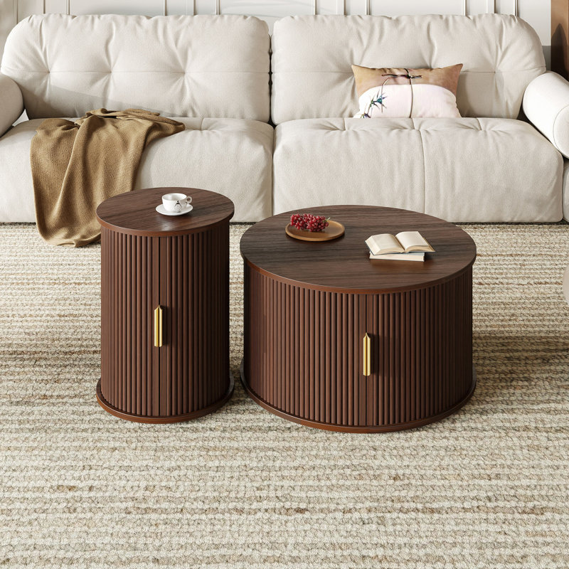 Round Fluted Coffee Table Set With Sliding Tambour Door And Storage, Walnut