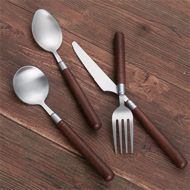 Stainless Steel Flatware Set With Walnut Wood-Inspired Handles - Knives, Forks, Spoons For Dining