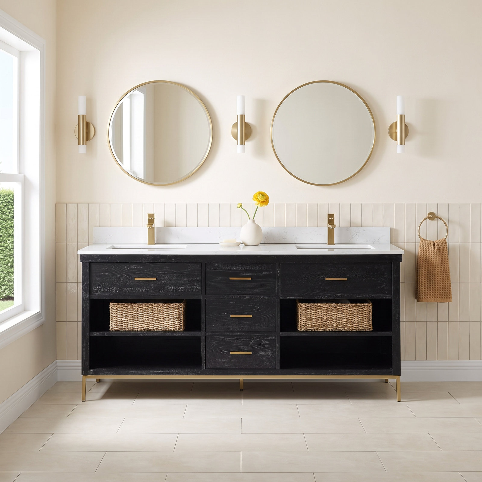 Adaire 72'' Double Bathroom Vanity, Black, Gold