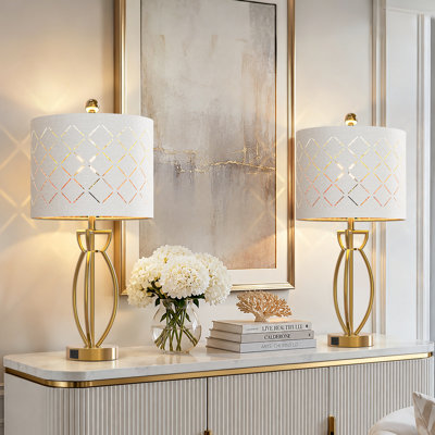Anja 24.6" Modern Glam Metal Table Lamp Set with USB Type-C Ports and White Shade