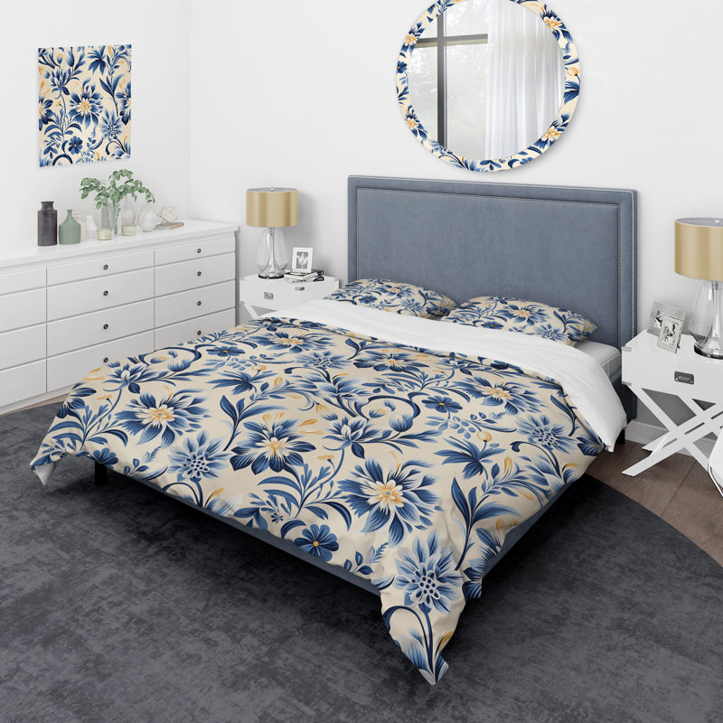 Ensemble de housse de couette damassé à motif floral damassé bleu et beige, Housse de couette pour très grand lit et 2 très