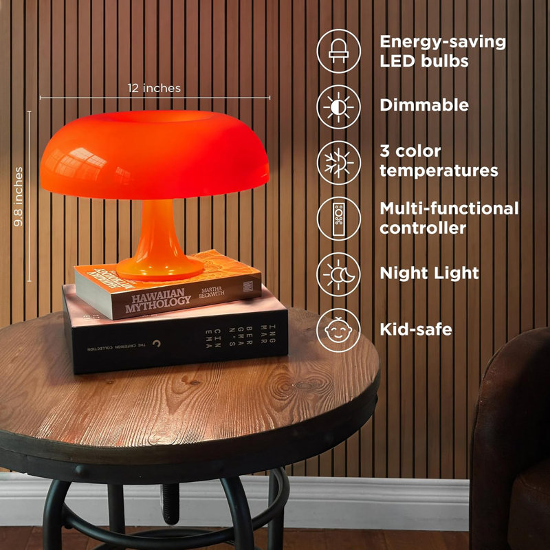 Orange Mushroom LED Lamp, Dimmable Mid-Century Retro Table Lamp With 3 Light Temperatures And Remote