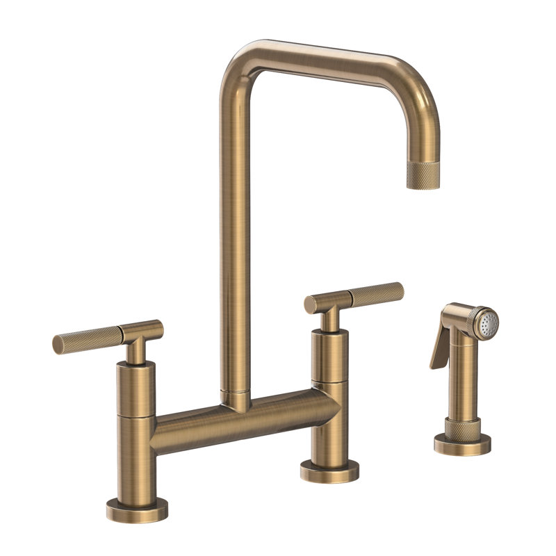 Kitchen Bridge Faucet With Side Spray, Antique Brass