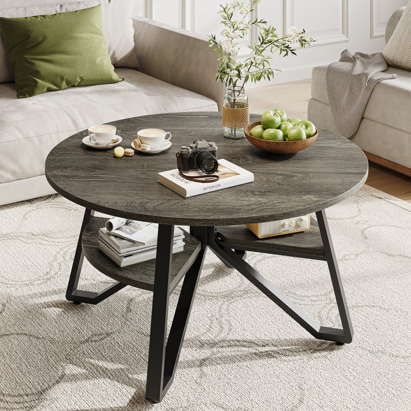 Table basse ronde à 2 niveaux Briahna, Chêne gris rétro