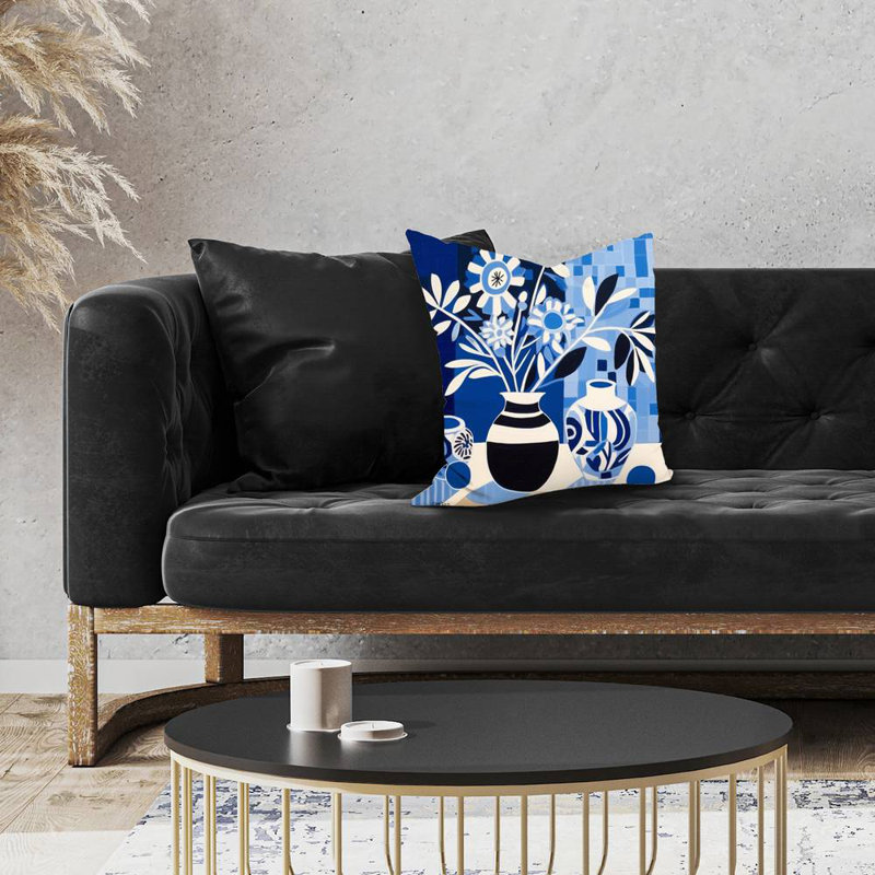 Blue Vases Abstract Shapes Poly Twill Throw Pillow – Poly Twill Throw Pillow with Insert, Double-Sided Print