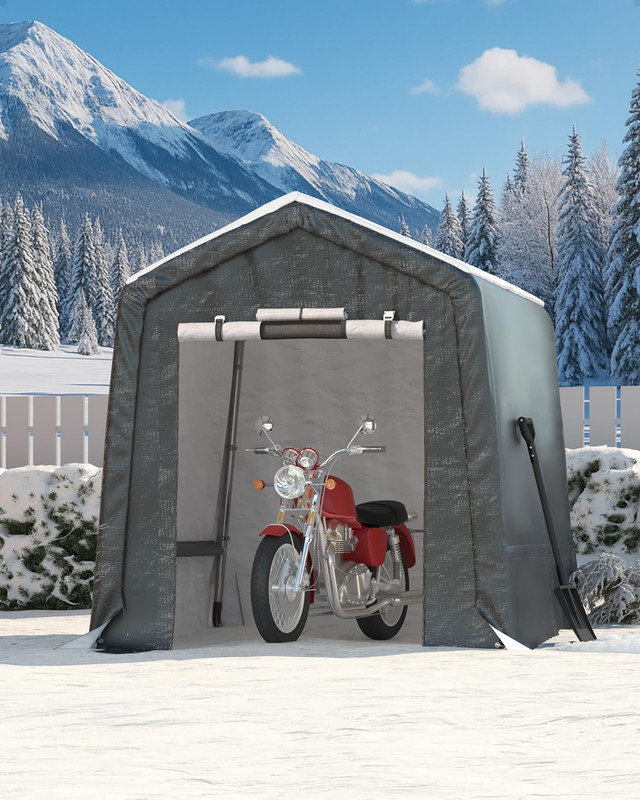 Abri pour moto 6 x 8 pi, remise pour moto robuste avec porte à enroulement et évent, rangement portatif extérieur pour moto, bois de chauffage, outils