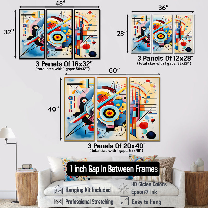 Ensemble de salon Mid-Century Symphony Blue Jazz II - art géométrique mural, Cadre flottant noir, H 28 po x l 36 po x P 1 po