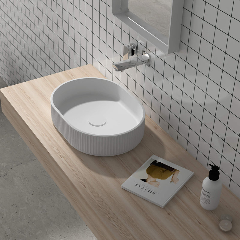Lavabo de salle de bain vasque cannelé Ruvati EpiStone surface solide moderne ovale blanc mat , H 4,5 po x l 19 po x P 14 po