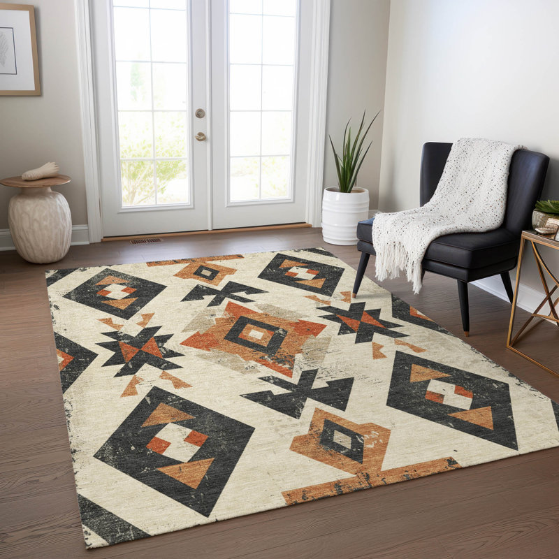 Machine Washable Indoor/Outdoor Xhevrie Ivory Rug, Rectangle 10' x 14'