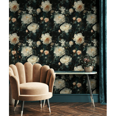 Papier peint floral foncé avec pivoines, peinture à l'huile, style baroque