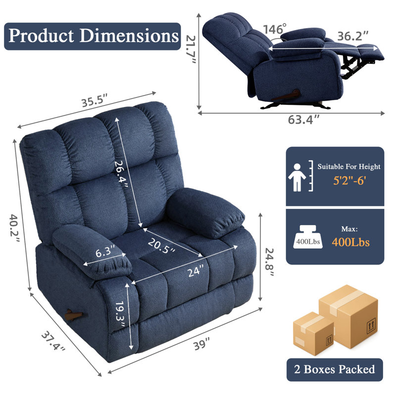 Modern Glider Recliner Chair With Rocking Function And Side Pocket, Blue, Blue Chenille