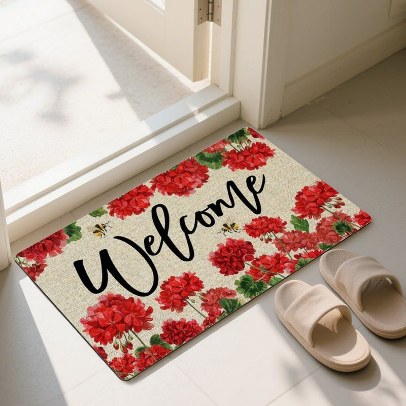 Geranium Bee Welcome Door Mat, For Front Door & Porch, 24" X 36", Red Beige