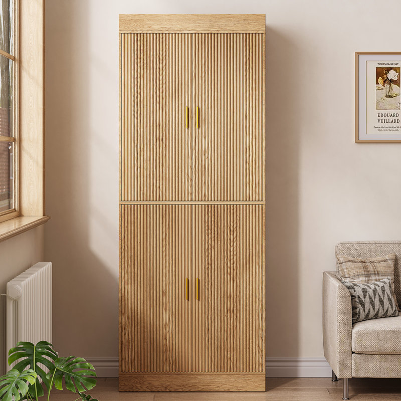 70.1” Kitchen Pantry, Storage Cabinet With 4 Fluted Doors And Adjustable Shelves, Natural