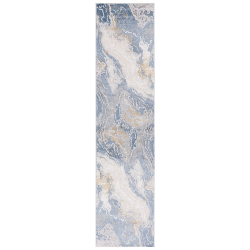 Beige and Light Blue Abstract Round Synthetic Rug