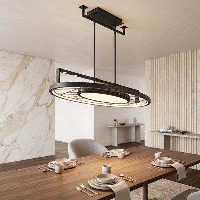Lustre moderne Aurelia 44 po pour îlot de cuisine avec éclairage DEL intégré, structure géométrique en métal, fer fumé et laiton doux
