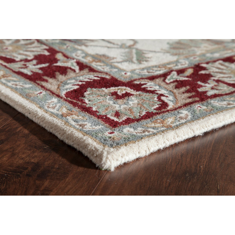 Handmade Ivory Burgundy Wool Oriental Area Rug, 5' x 8'