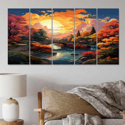 Glorieux coucher de soleil sur un magnifique jardin d'automne - impression d'art mural sur les Lacs et les rivières - 5 panneaux égaux