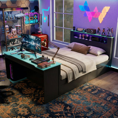Lit de jour simple en bois 98,6 po avec lit gigogne escamotable - Lit de jeu avec bureau intégré et plateau à clavier - Tête de lit intelligente à DEL RVB avec USB - noir et bleu
