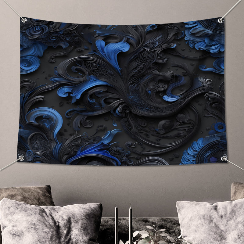 Tapisserie murale complexe tourbillons bleus et noirs - décoration murale tourbillons, H 104 po x 88 avec 4 œillets