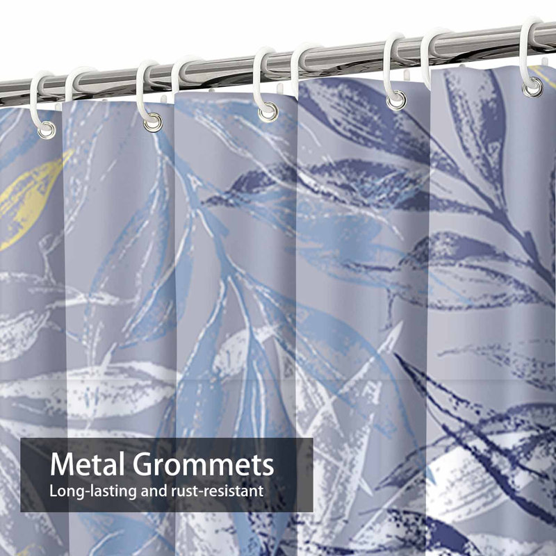 Leaves Watercolor Floral Blue Shower Curtain with 12 Hooks, 72" L x 72" W
