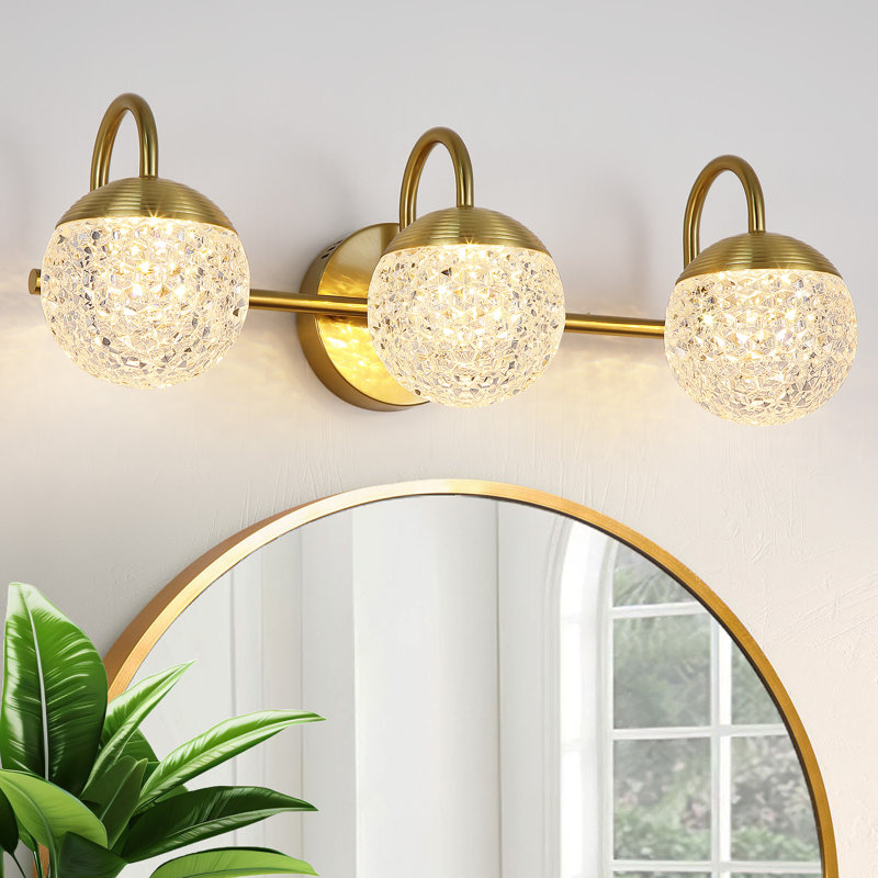 Color Changing Modern Sphere Crystal-Effect Vanity Light – Smart Dimmable LED & App Control, Gold, 3 Lights