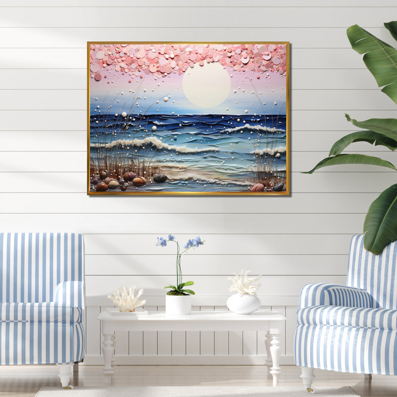 Beach Tranquil Tide Pointillism II - Nautique et plage, impressions sur toile, 34" H x 44" W, Cadre flottant doré