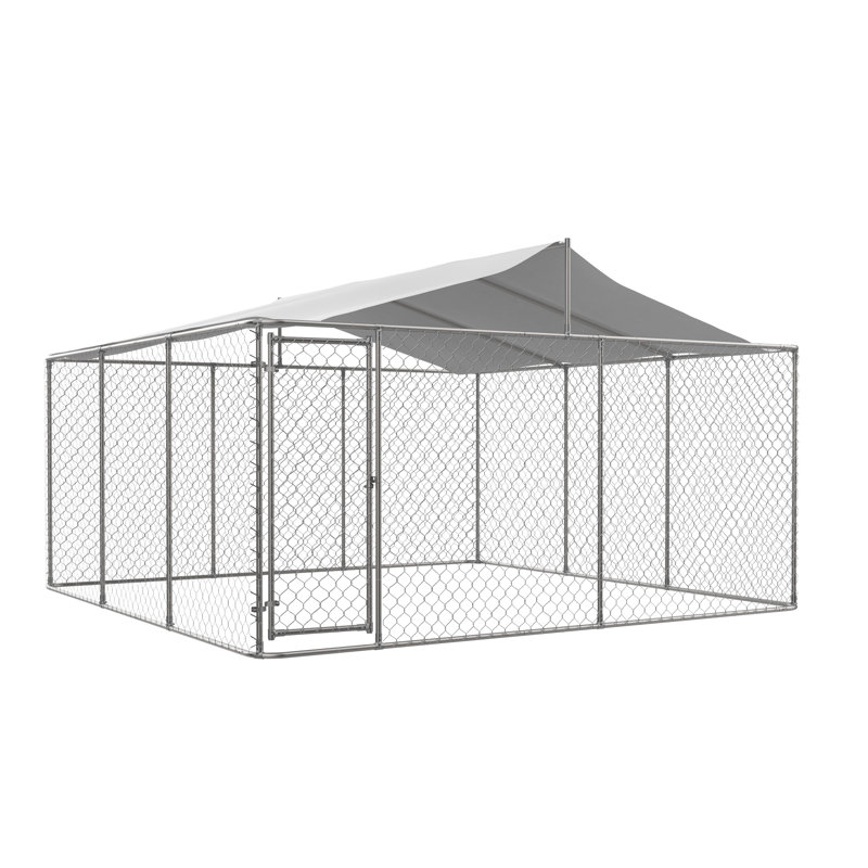 Chenil d'extérieur robuste 14,8 pi x 14,8 pi avec housse imperméable anti-UV, enclos d'exercice galvanisé à maillons pour grands chiens
