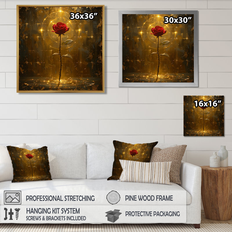 «Celestial Red Rose Magical Gold» - art mural rose, Toile avec cadre flottant noir, H 16 po x l 16 po x P 1 po