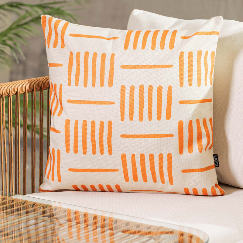 Indoor / Outdoor Square Cushion, Orange/White Geometric