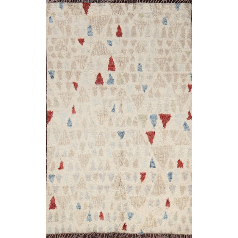 Tapis unique en laine noué à la main ivoire / bleu / rouge nouvel âge 5 pi 1 po x 7 pi 1 po