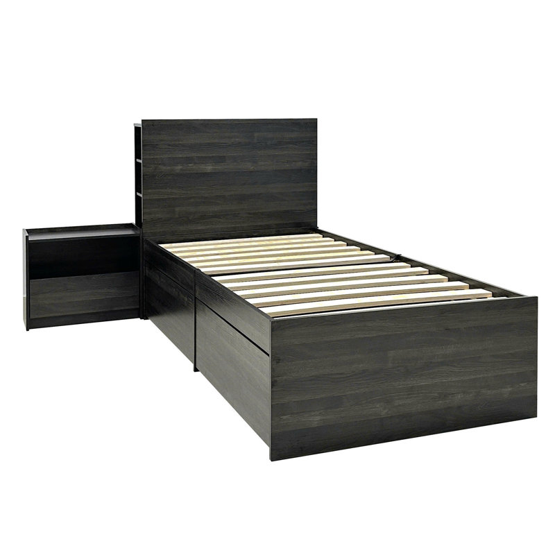 Lit simple avec rangement et 1 table de chevet gris foncé Robin