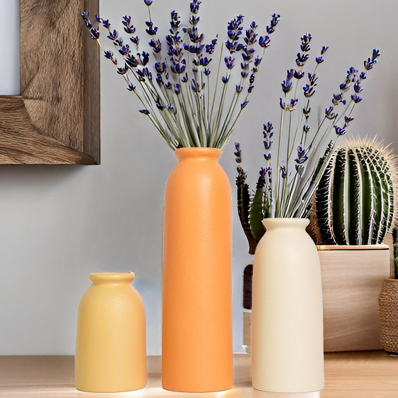 10.4 Inches Tall Decorative Ceramic Vase Set, 3 Pieces, Nordic Modern Boho Style, For Home Decor, Yellow/Orange
