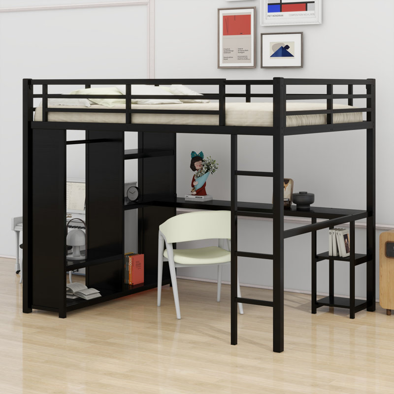 Structure de lit mezzanine avec garde-robe, bureau et tablettes de rangement, Noir