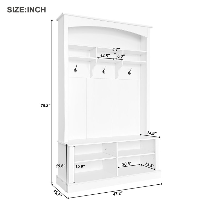47.2'' Wide Hall Tree With Bench And Shoe Storage, Multi-Functional Storage Bench With 3 Hanging Hooks & Open Storage Space, Rectangle Storage & Shelves Coat Rack For Hallway