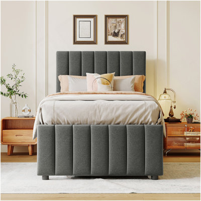 Lit plateforme simple tapissier avec lit gigogne et 3 tiroirs, tissu en lin, gris