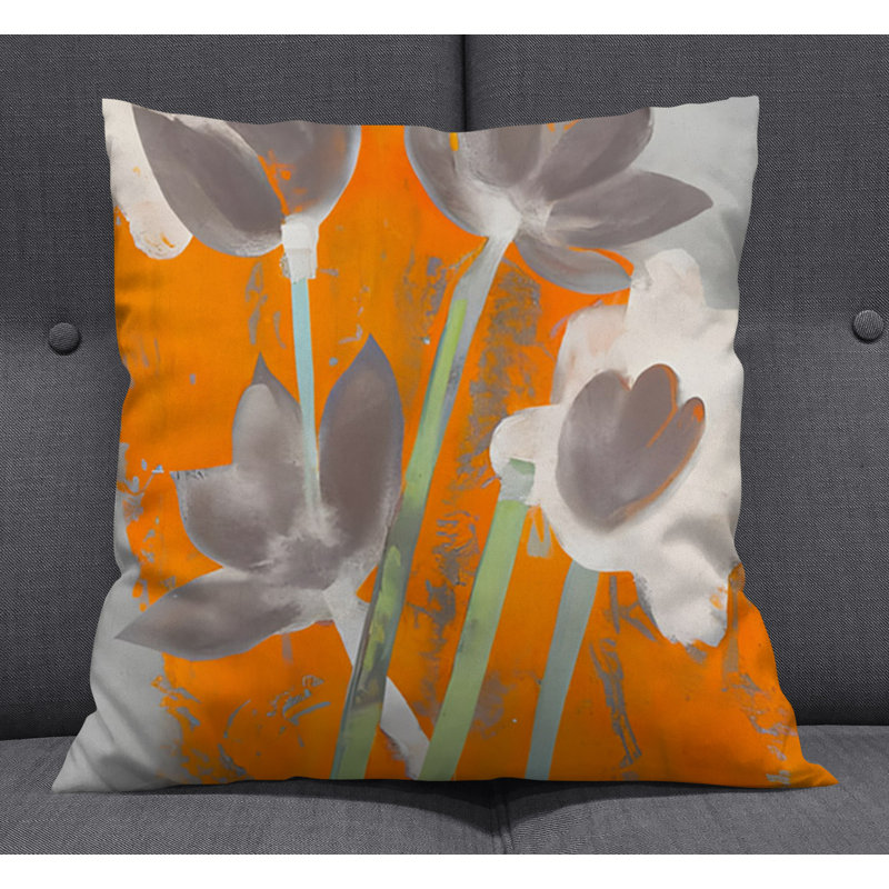 Throw Pillow With Insert, Gray/Orange Floral 2, 18"H x 18"W