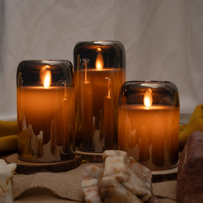 LED Mirrored Glass Round Hurricane Pillar Flameless Candles, Real Wax Moving Wick Dancing Flickering Flame, Battery Operated (Included), Remote & Timer (Set of 3, Gray Metallic)