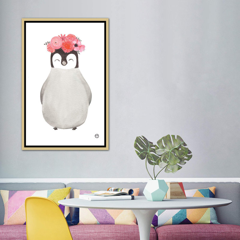 Art pingouin, H 60 po x l 40po x P 1,5 po, Toile encadrée d'or