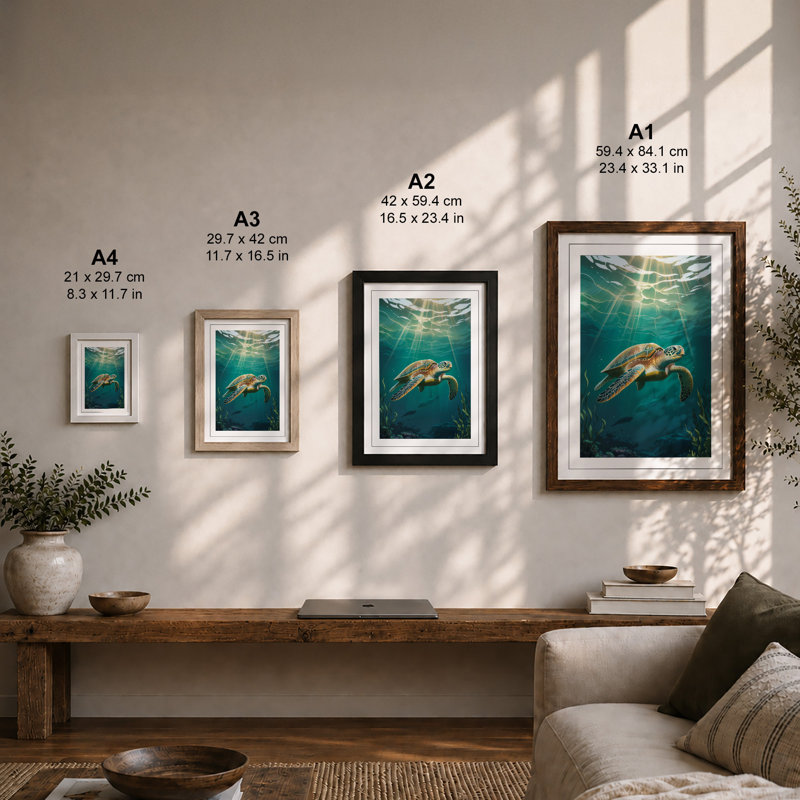 Turtle in Light Coastal - Framed Print, A3 - 42.0 x 29.7 cm, White