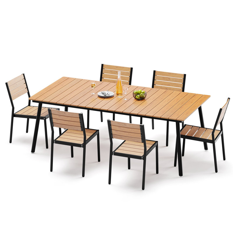 6-Person 82.48''LX40.55''W Outdoor Dining Set with Aluminum Frame, Umbrella Hole and Armless Chairs, Brown/Black